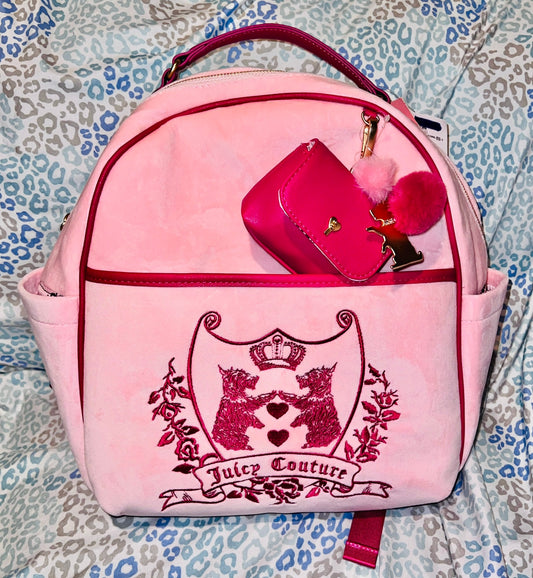 New Pink Juicy Couture Backpack Purse Scottie Dog Velour Bag XL Size Embroidered