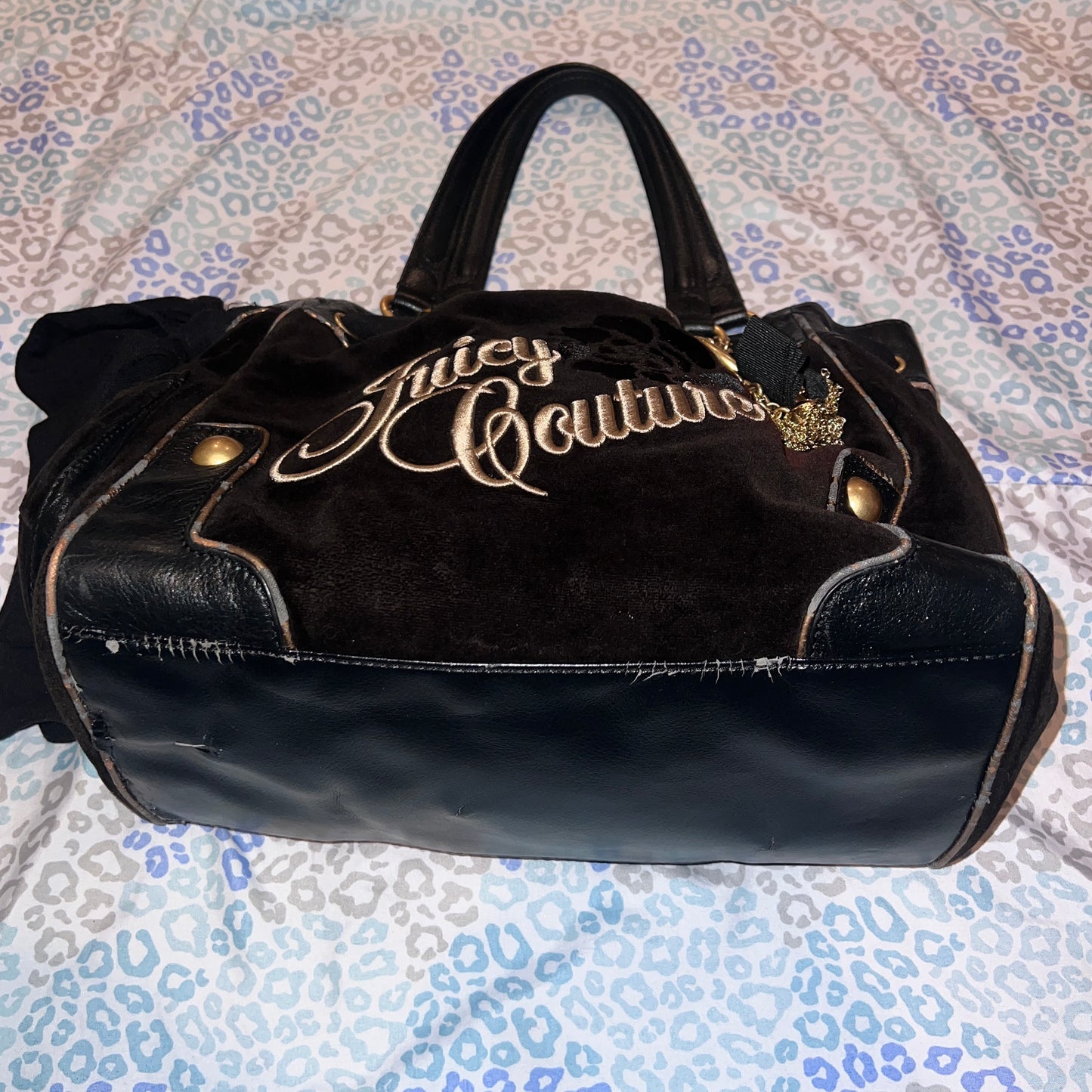 Vintage Black Juicy Couture Purse Tote Bag Handbag Daydreamer Velour Floral Y2K