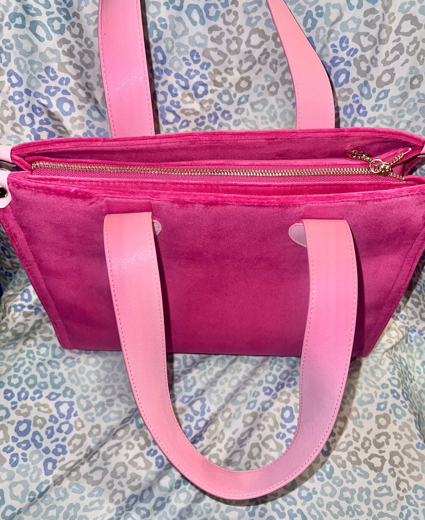 New Pink Juicy Couture Tote Bag Purse Patch Work Handbag Velour + Mini Bag Charm