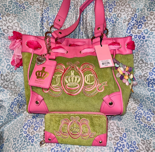 New Pink Green Juicy Couture Tote Bag + Wallet Custom Dyed Purse Vintage Style