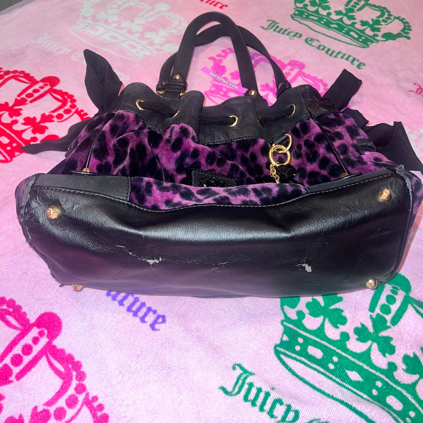 Vintage Black Pink Juicy Couture Purse Tote Bag Handbag Daydreamer  Velour Y2K Cheetah