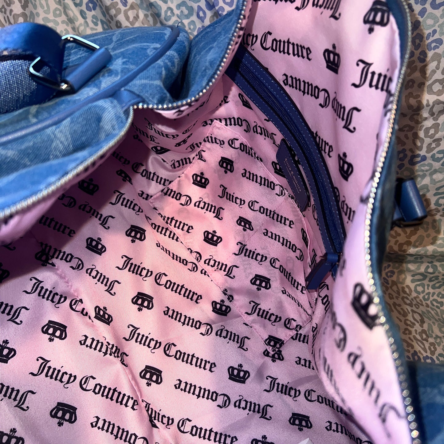 New Blue Juicy Couture Duffel Bag Bow Travel Denim Purse XL Weekender Ribbon