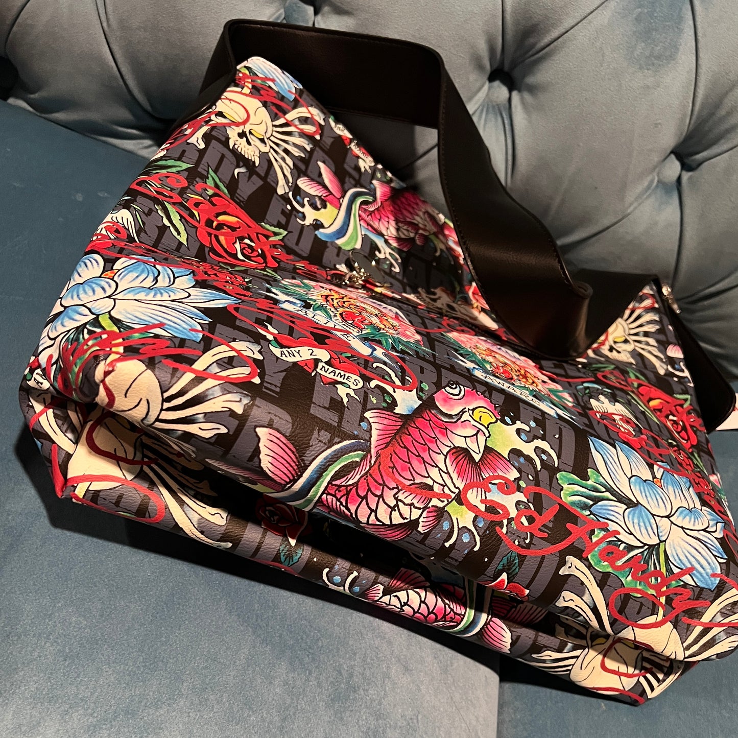 New Large Black ED HARDY Purse + Pouch NWT Tote Bag Tattoo Skull Heart Y2K