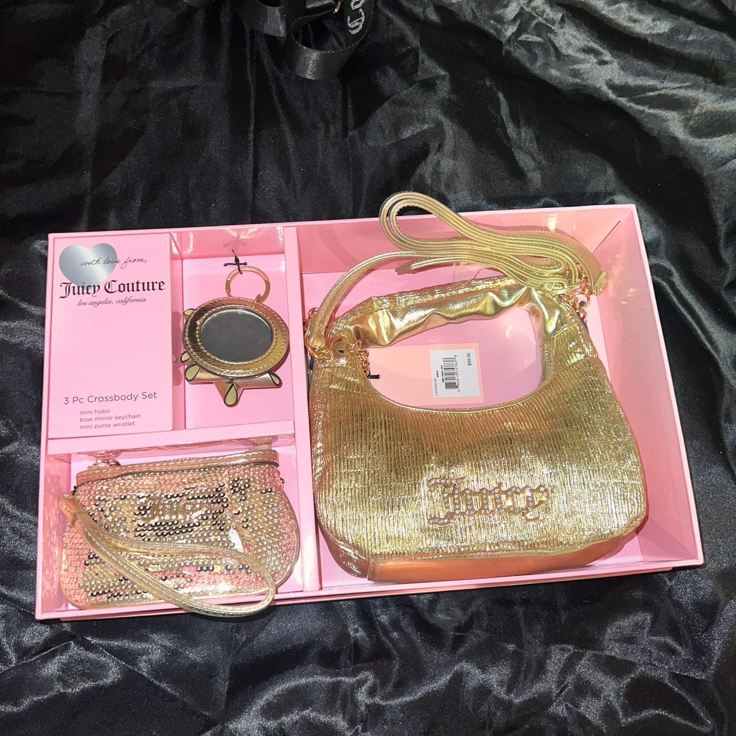 New Gold Juicy Couture Crossbody Bag Purse Handbag + Pouch + Charm Gift Set