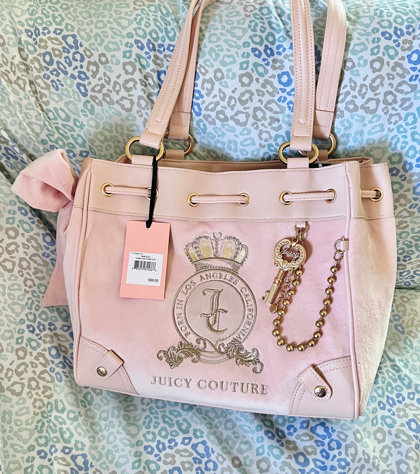 New Light Pink Juicy Couture Purse Daydreamer Tote Bag Velour Handbag Key Charm