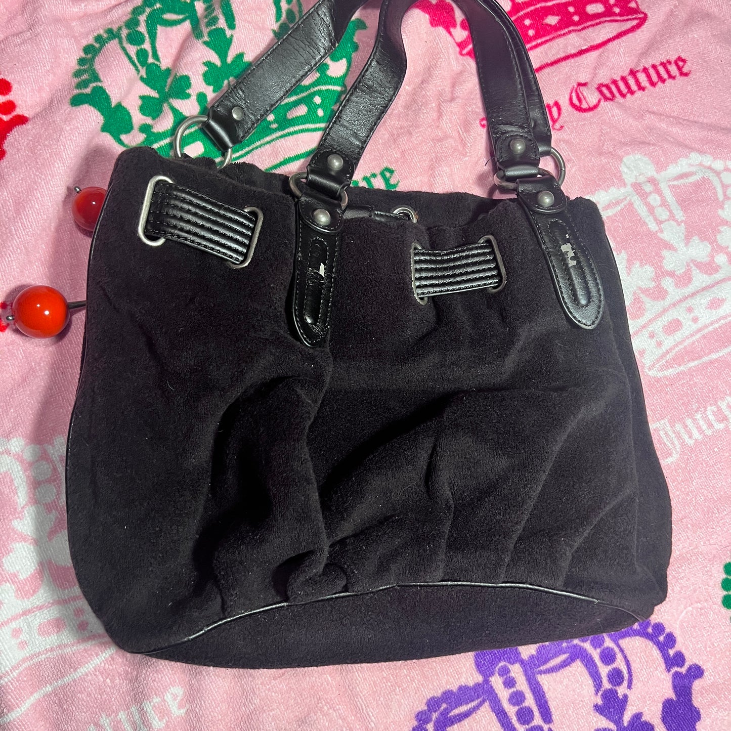 Vintage Black Juicy Couture Purse Satchel Bag Handbag Terry Cloth Y2K Cherry