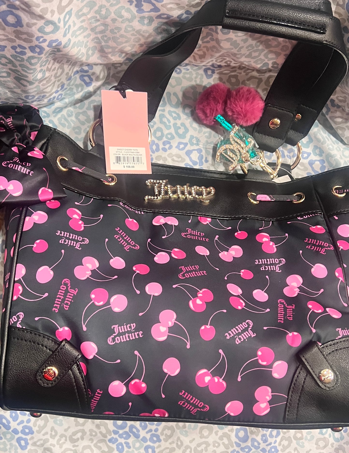 New Pink Black Juicy Couture Purse Cherry Daydreamer Tote Bag Handbag