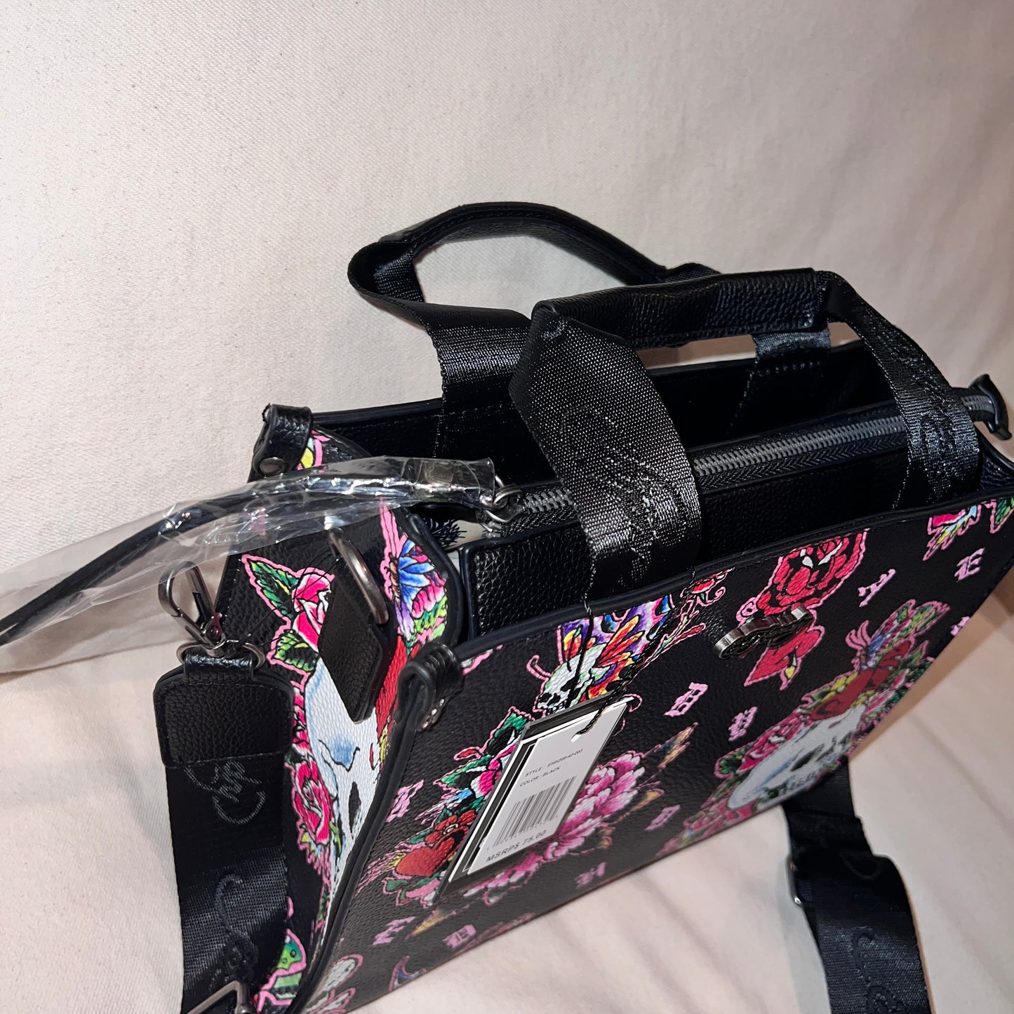 New Black Ed Hardy Crossbody Purse Bag Tattoo Y2K Heart Rose Skull MSRP $75