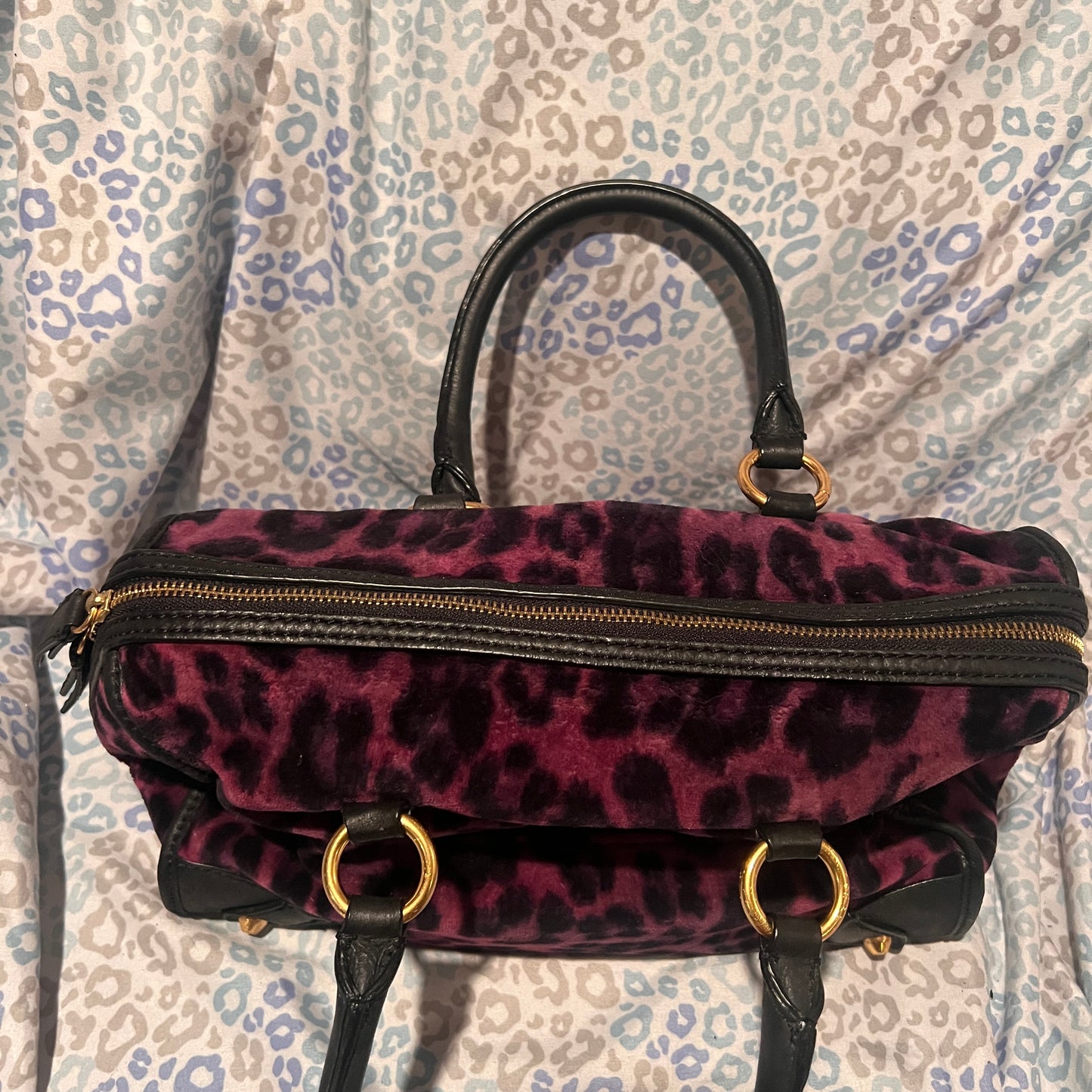 Vintage Purple Black Juicy Couture Purse Satchel Bag Handbag Cheetah Velour Y2K