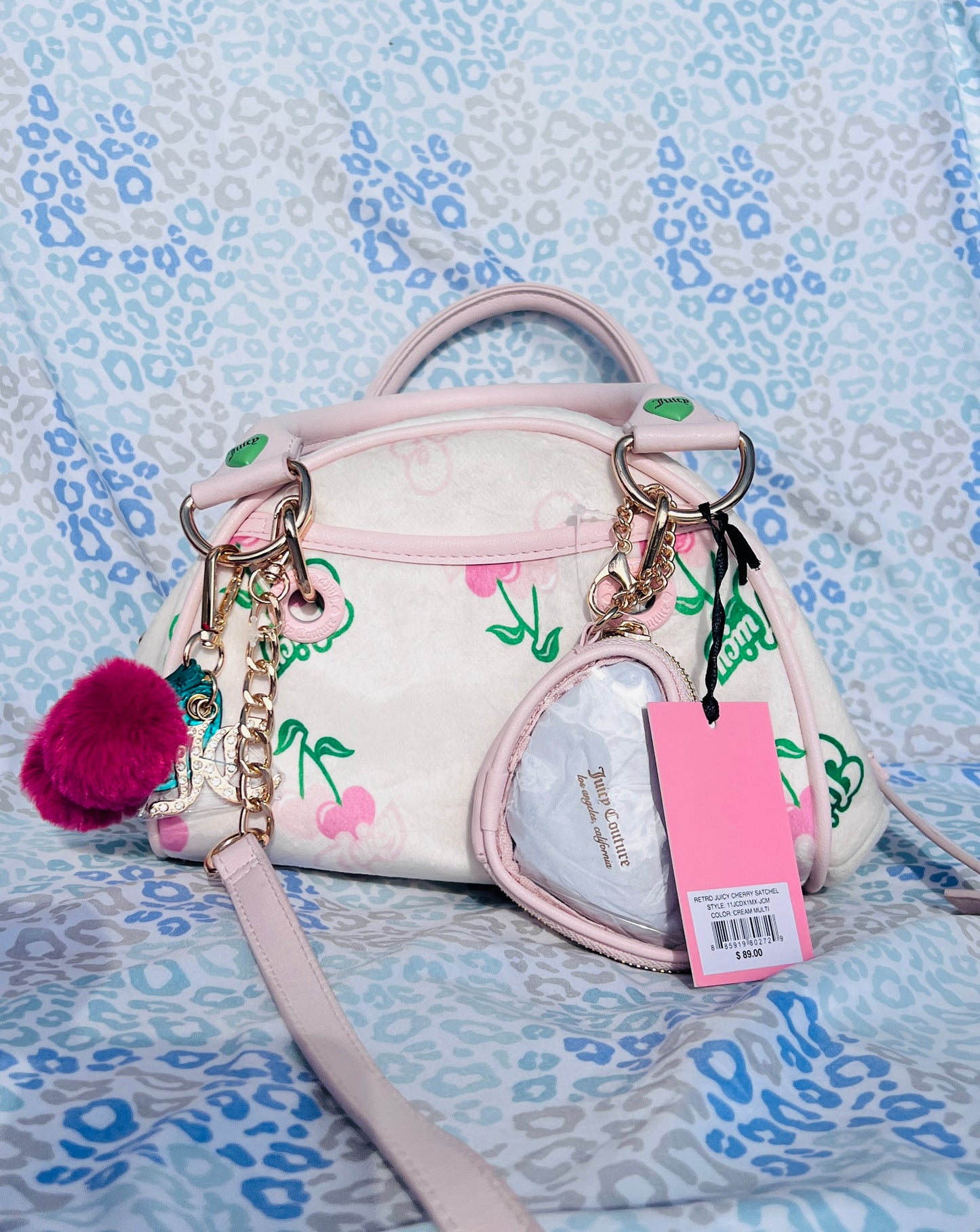 New Cream Juicy Couture Purse Handbag Satchel Bag Cherry Vintage Style Velour
