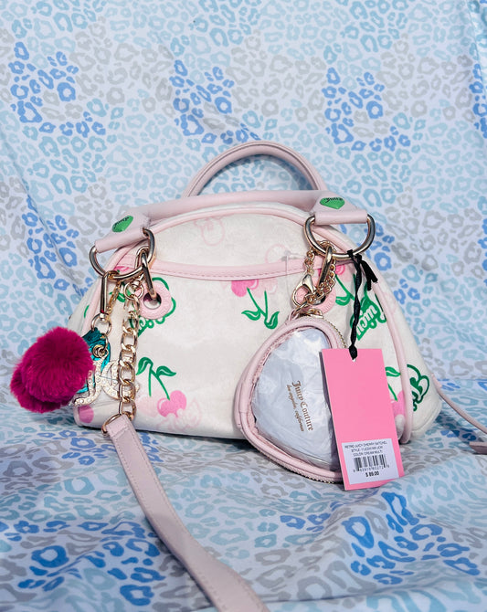 New Cream Juicy Couture Purse Handbag Satchel Bag Cherry Vintage Style Velour