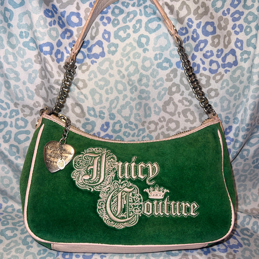 Vintage Pink Green Juicy Couture Purse Handbag Shoulder Bag Velour Y2K