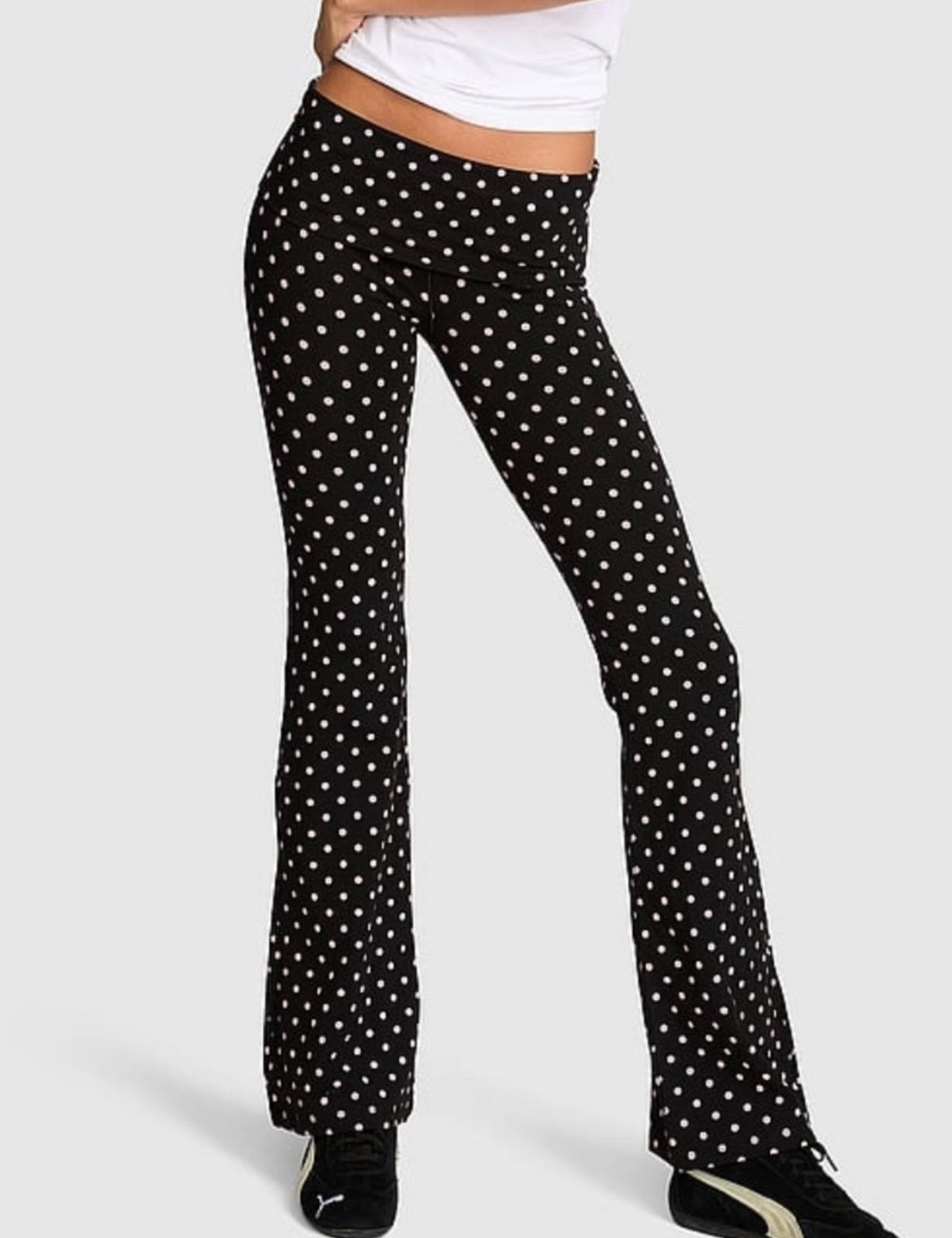 New Black VS PINK Leggings Cotton Fold Over Flare Polka Dot Yoga Pants