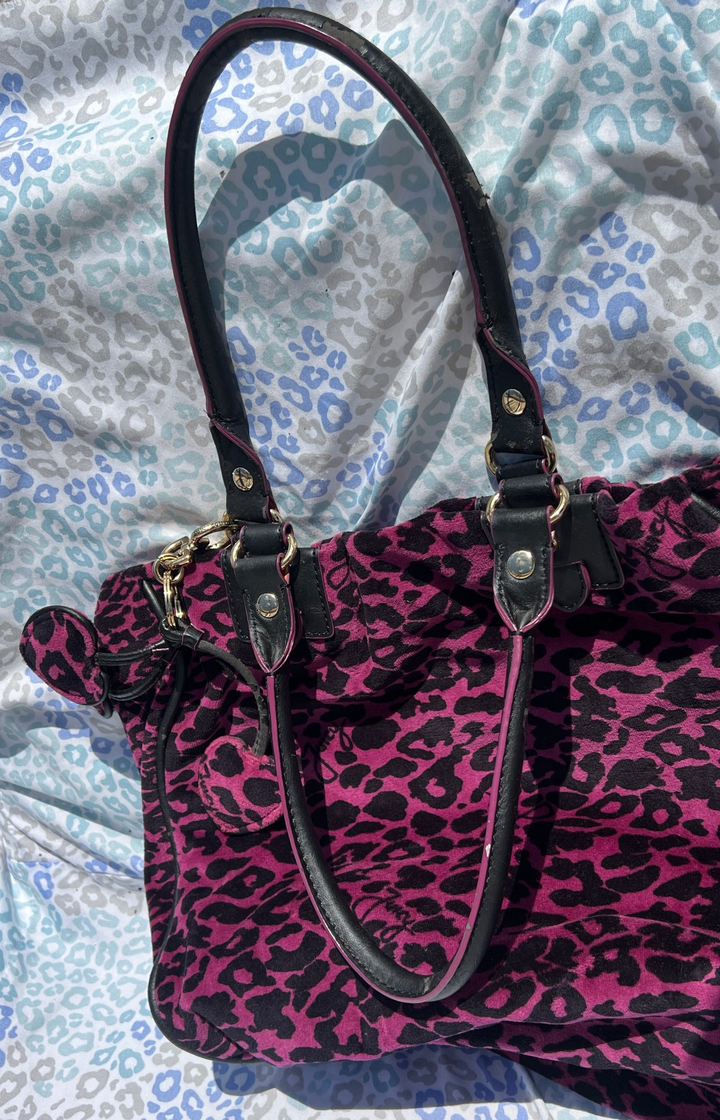 Vintage Pink Juicy Couture Purse Tote Bag Leopard Print Velour Y2K Charm Cheetah