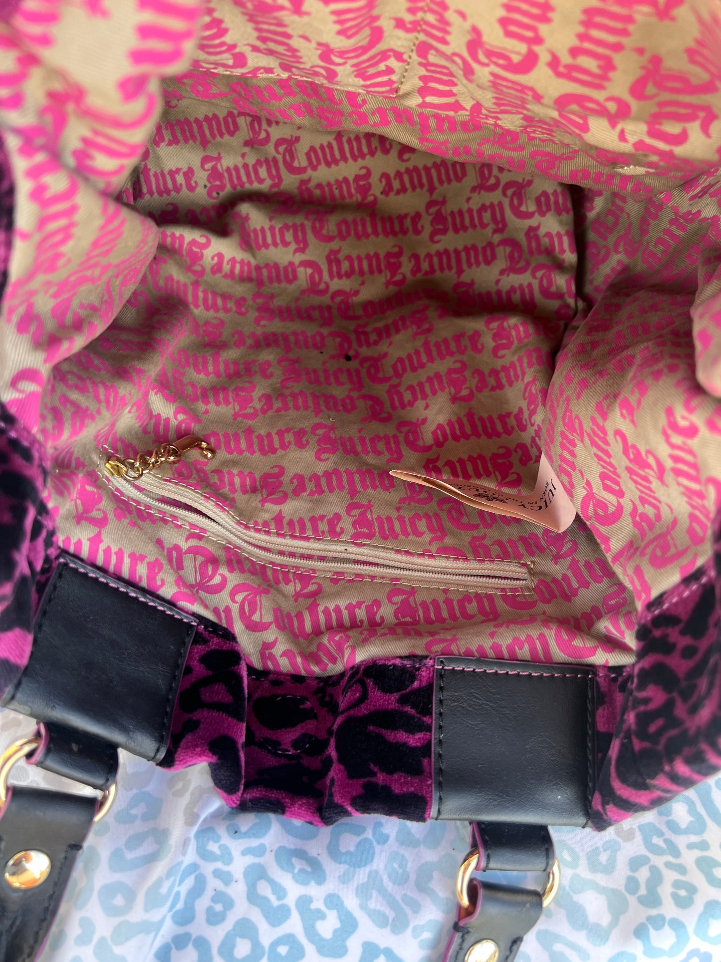Vintage Pink Juicy Couture Purse Tote Bag Leopard Print Velour Y2K Charm Cheetah