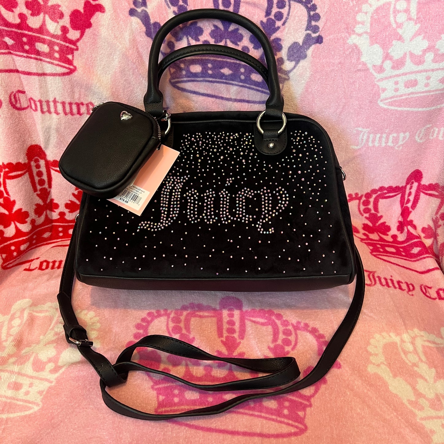 New Black Juicy Couture Purse Handbag Satchel Velvet Bowler Bag