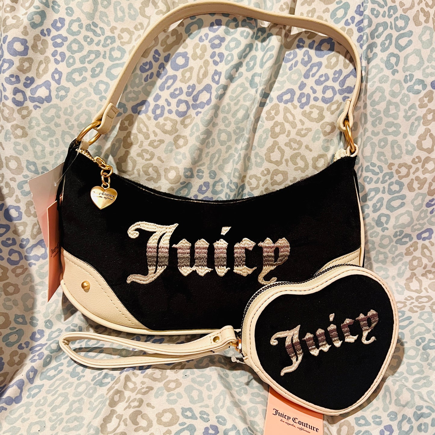 New Black Juicy Couture Purse + Heart Wallet Velvet Handbag Vintage Style Y2K