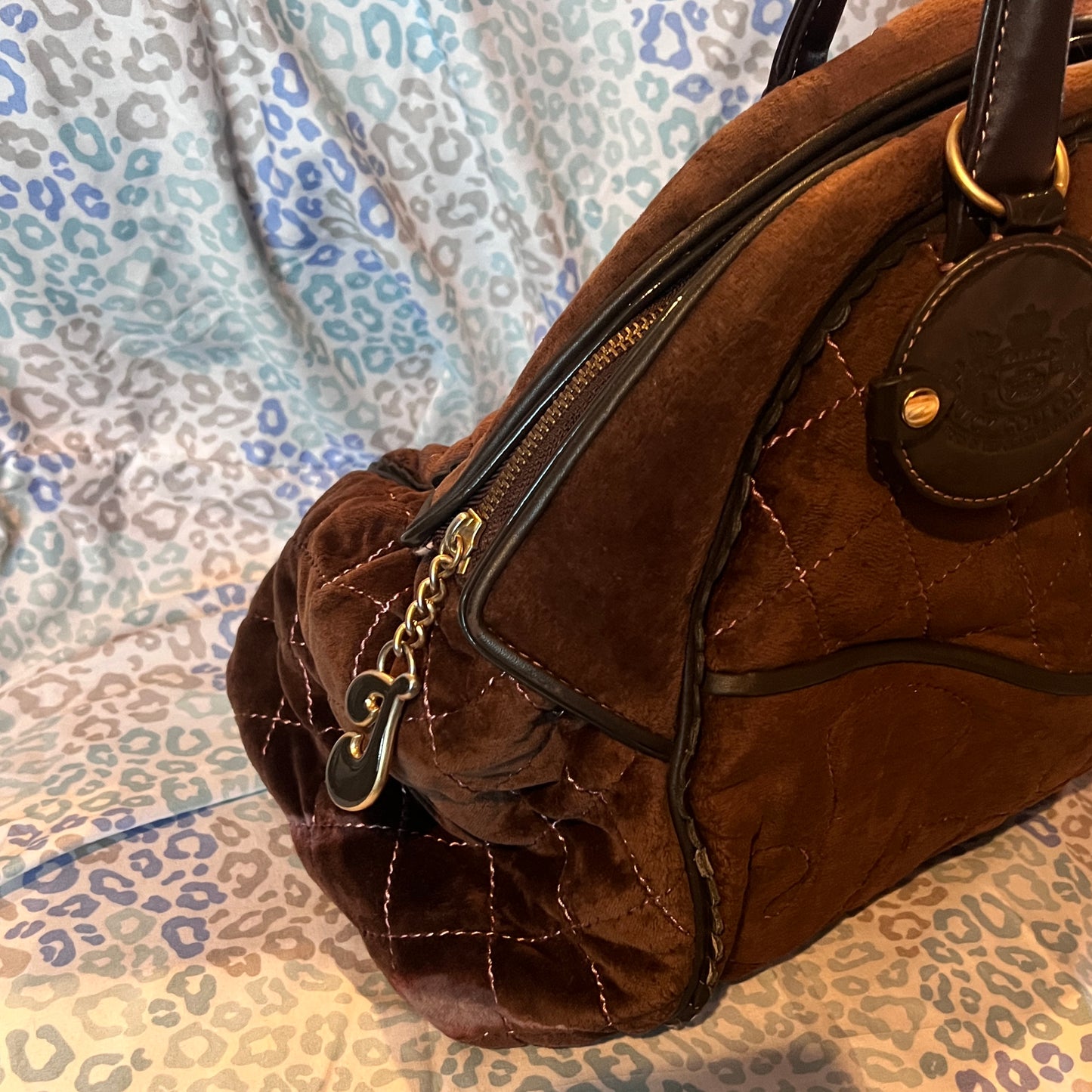 Vintage Dark Brown Juicy Couture Bowler Bag Travel Purse XL Size Velour Duffel