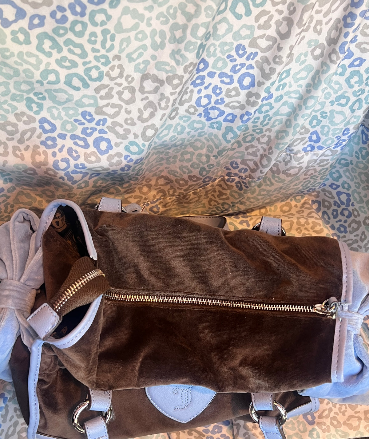 New Brown Blue Juicy Couture Princess Tote Shoulder Handbag Y2K Bow Velour Purse