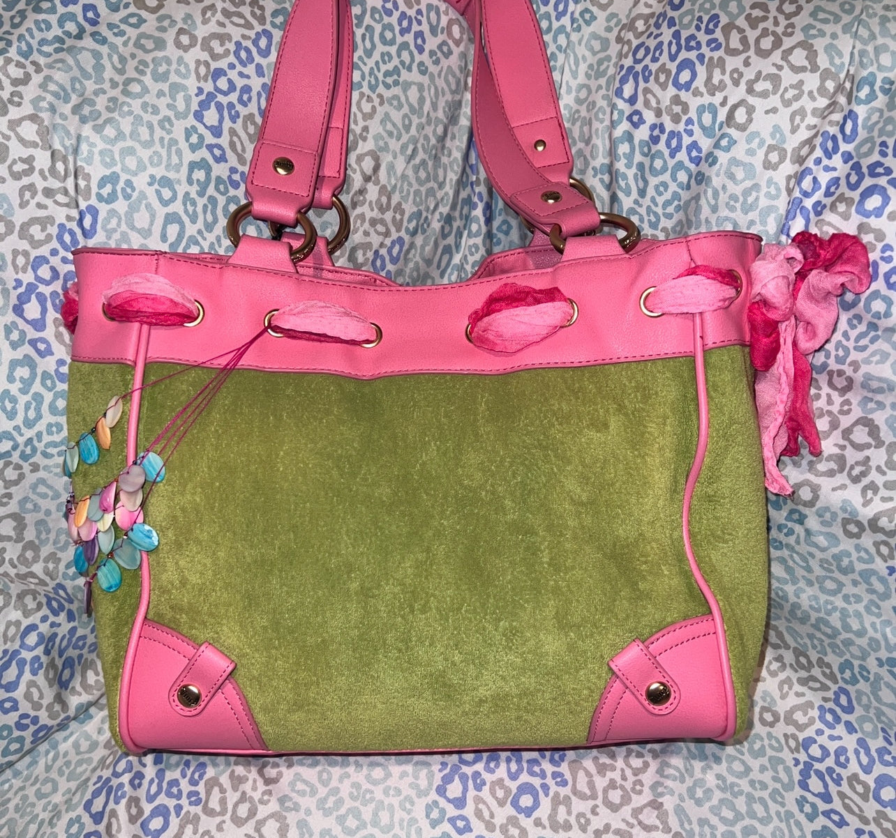New Pink Green Juicy Couture Tote Bag + Wallet Custom Dyed Purse Vintage Style