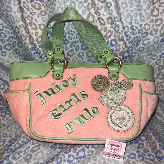 Vintage Green Pink Juicy Couture Bag Purse Handbag Terry Cloth Juicy Girls Rule