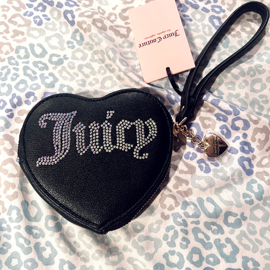 New Black Juicy Couture Wallet Wristlet Pouch Clutch Heart Zip Around Rhinestone