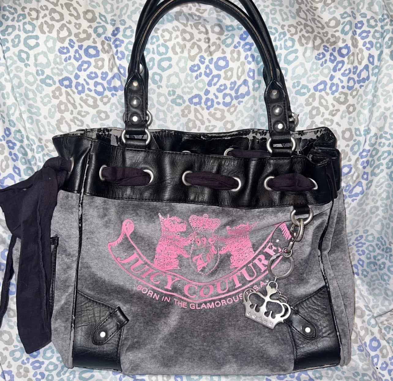 Vintage Pink Grey Juicy Couture Tote Bag Purse Handbag Velour Scottie Daydreamer