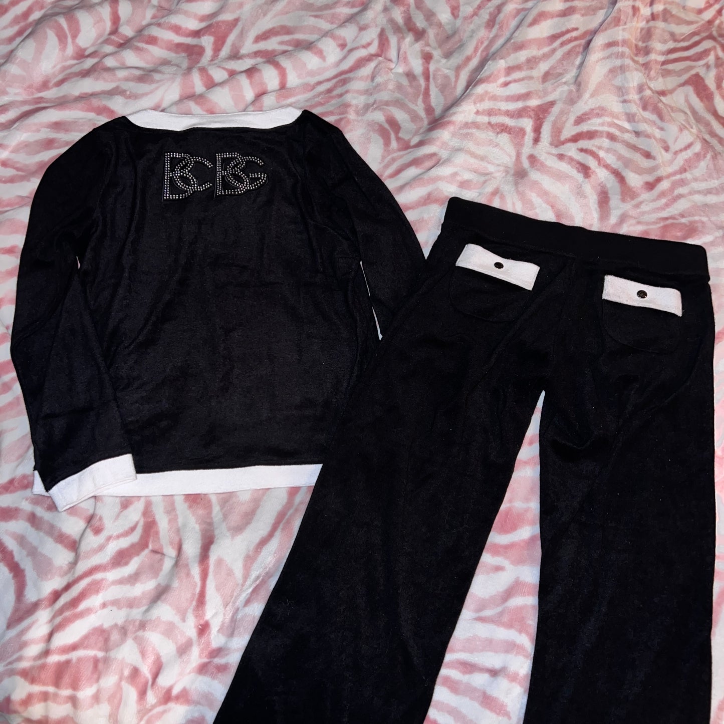 New Large White Black BCBG 2-Piece Tracksuit Jacket + Track Pants Set MSRP $160