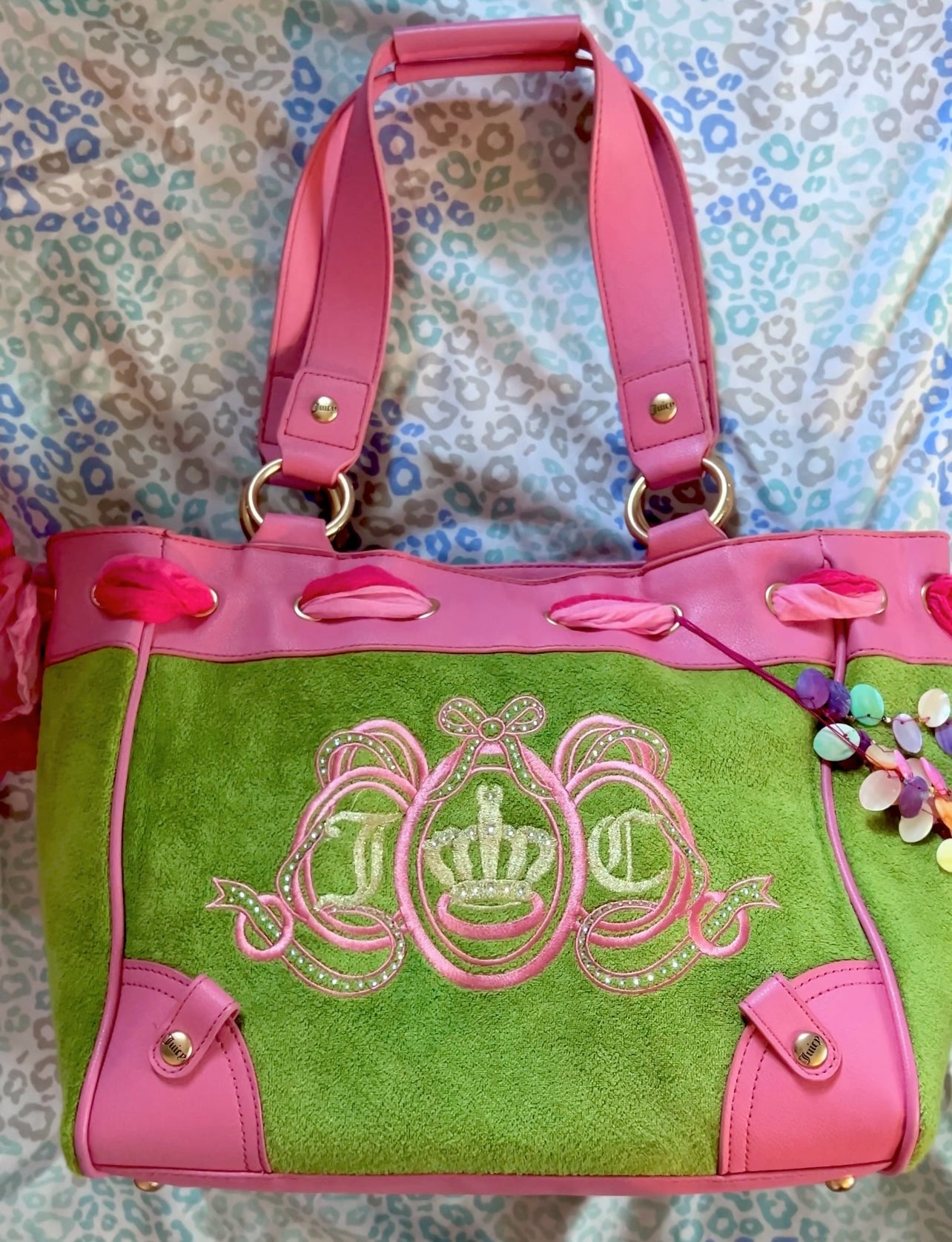 New Pink Green Juicy Couture Tote Bag + Wallet Custom Dyed Purse Vintage Style