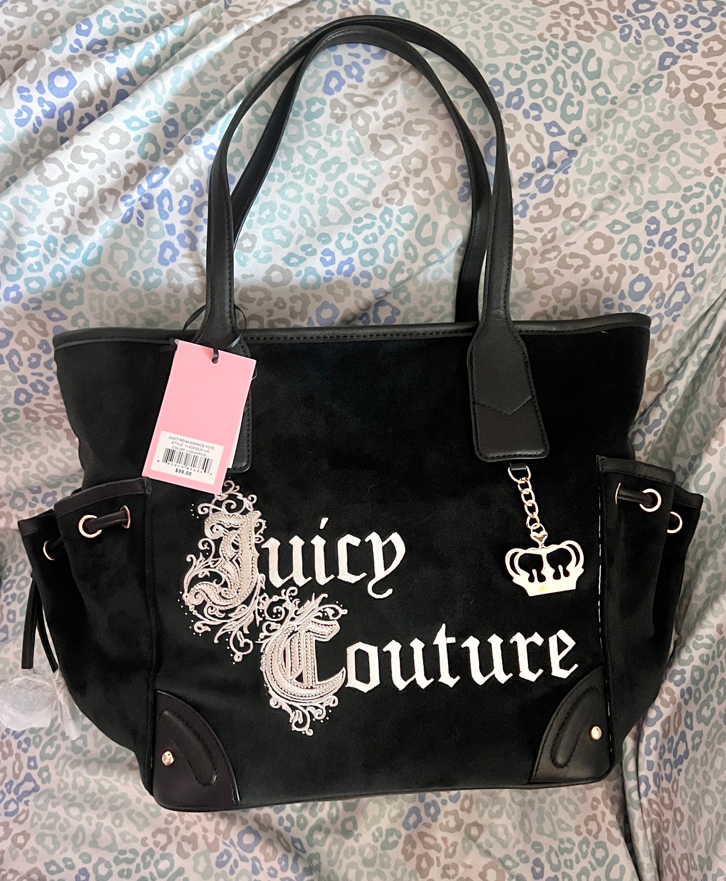 New Black Juicy Couture Purse Renaissance Tote Bag Velour Vintage Style Handbag