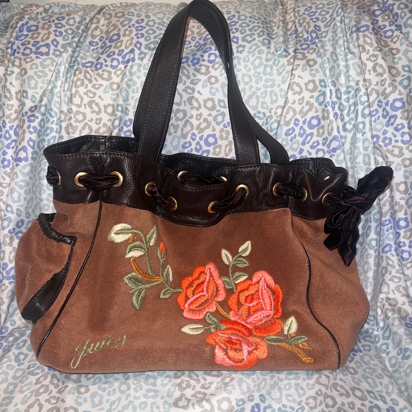 Vintage Brown Juicy Couture Purse Daydreamer Tote Bag Handbag Terry Cloth Floral