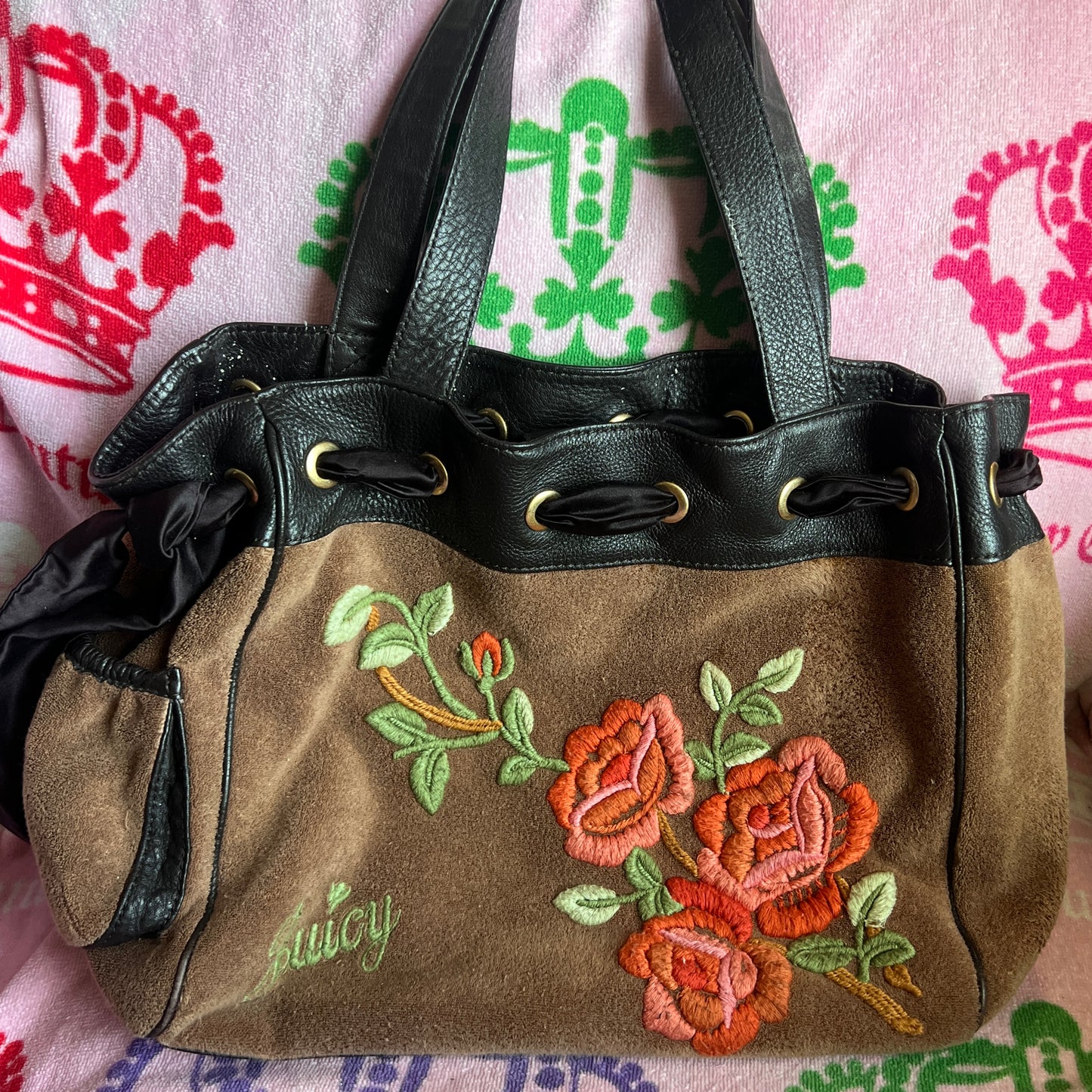 Vintage Brown Juicy Couture Purse Handbag Tote Bag Daydreamer Floral Terry Cloth