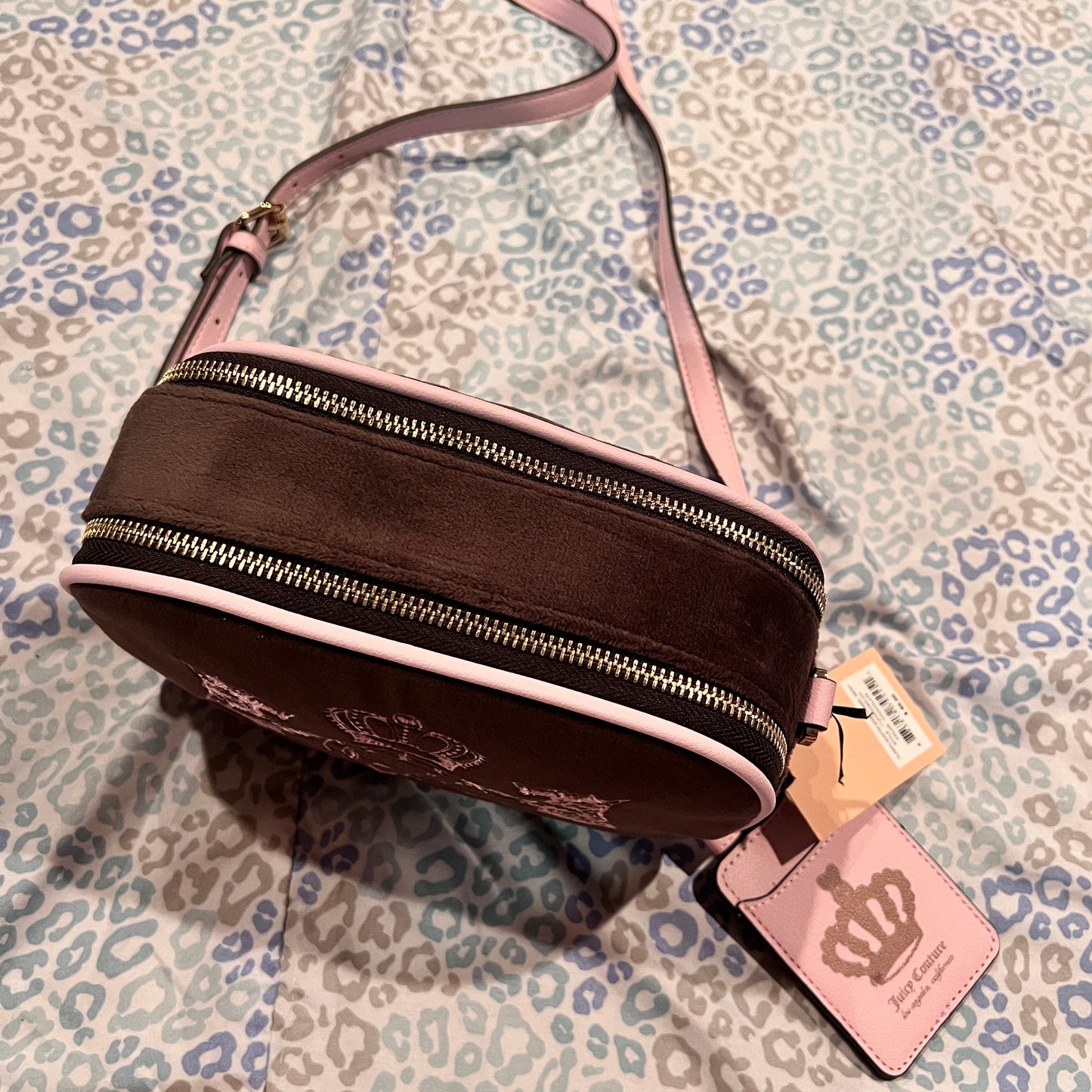 New Pink Brown Juicy Couture Purse Crossbody Bag Scottie Dog Velour Y2K Mcbling
