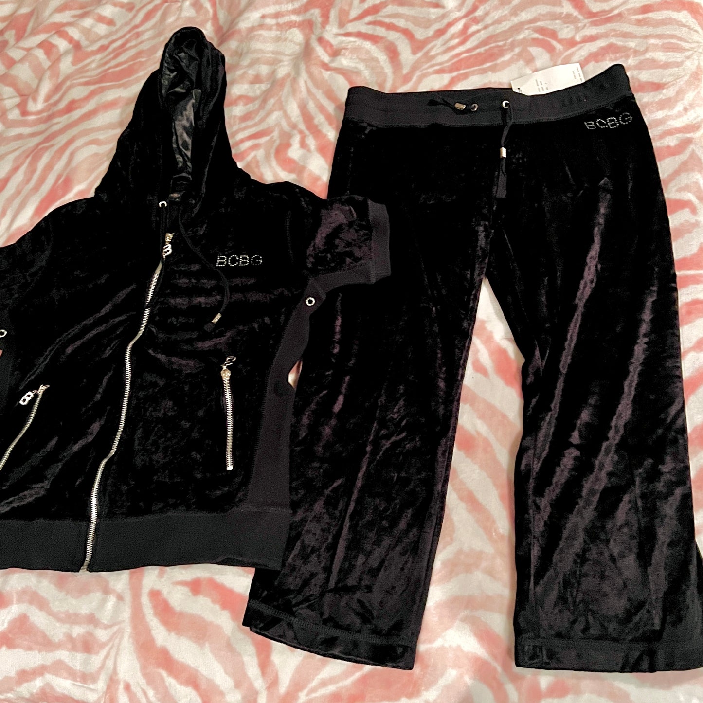 New Large Black BCBG 2-Piece Tracksuit Jacket + Track Capri Pants Set MSRP $160