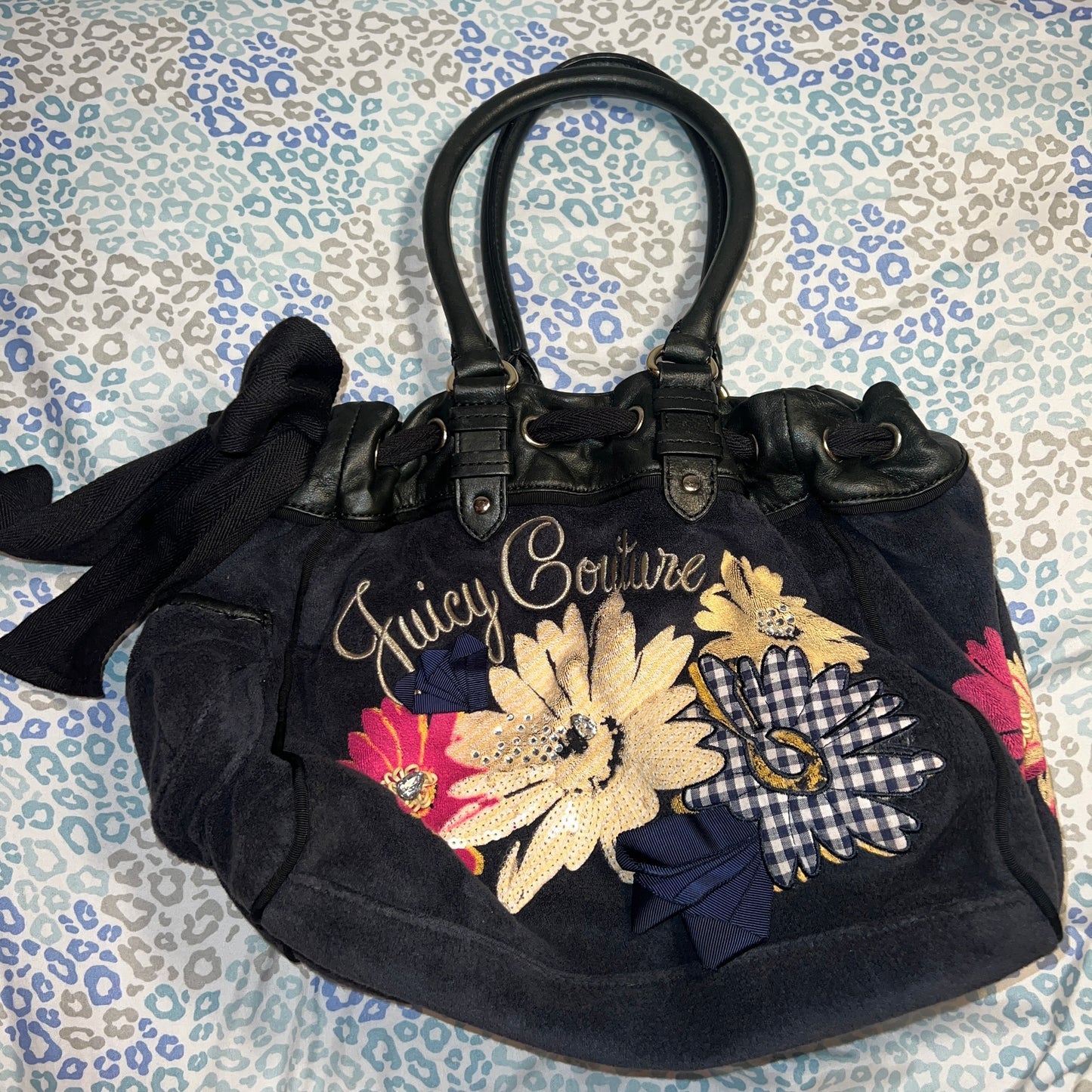 Vintage Black Juicy Couture Purse Tote Bag Daydreamer Terry Cloth Floral