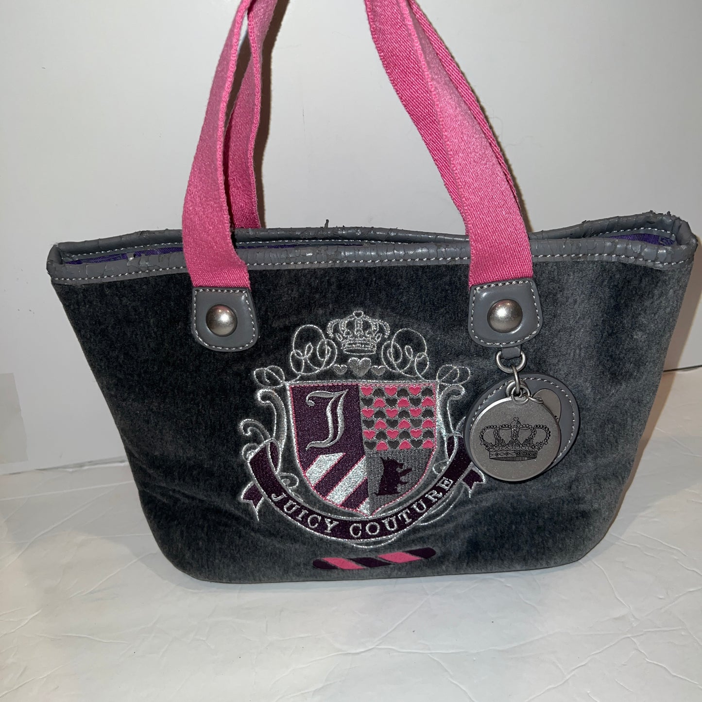 Rare Vintage Pink Grey Juicy Couture Purse Satchel Mini Tote Bag Velour Handbag