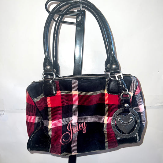 Vintage Black Red Juicy Couture Purse Satchel Bag Velour Handbag Y2K Plaid