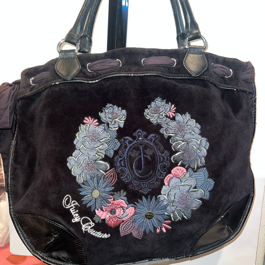 Vintage Black Juicy Couture Purse Satchel Bag Floral Flowers Y2K Velour