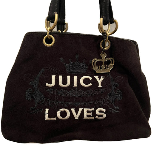 Vintage XL Black Juicy Couture Satchel Tote Bag Purse Terry Cloth Y2K